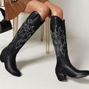 STALOV Cowboy Boots for Women,Western Pointed Toe Chunky Heel Pull-On Knee High